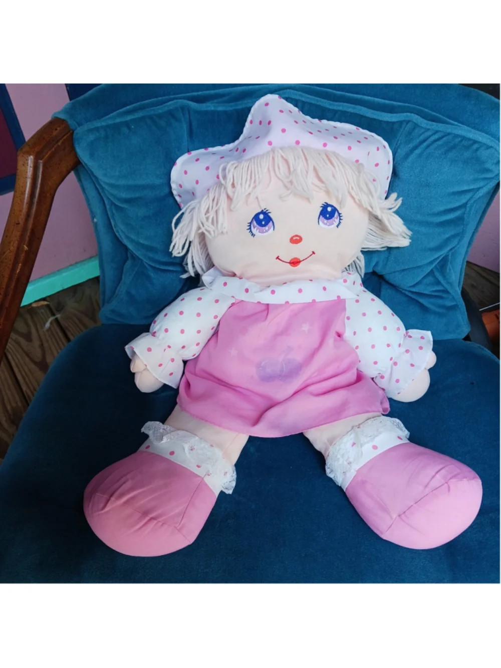 VTG 1989 Dolly Mine Well Made Toy Rag Cloth Doll Pink Dress Yarn Hair 20